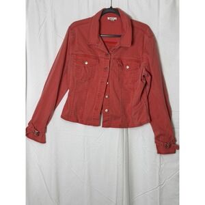 Tyler Boe Womens XL Coral Red Denim Style Jacket Dragonfly Buttons Buckle Cuff